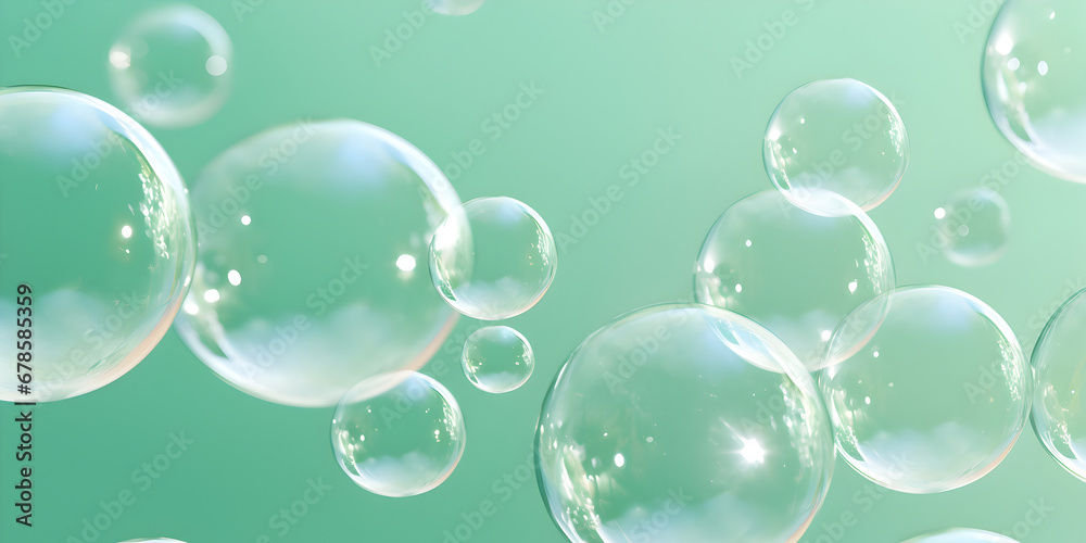 Transparent abstract soap bubbles on soft green background 