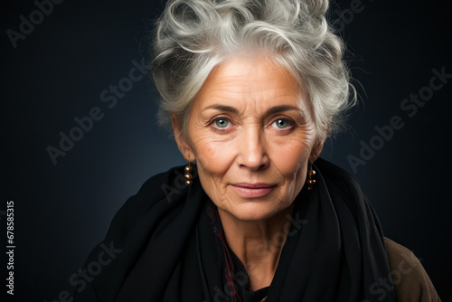 Woman with grey hair and black scarf on. © valentyn640