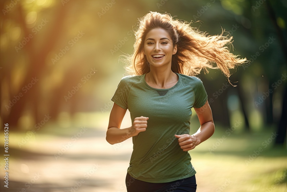 Vibrant concept of a joyful woman jogging in the great outdoors Vibrant concept of a joyful woman jogging in the great outdoors