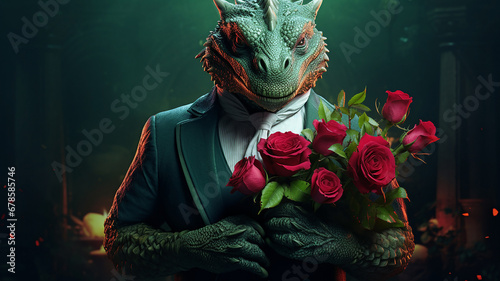 A green oriental dragon gentleman in a stylish suit, holding red roses in his paws