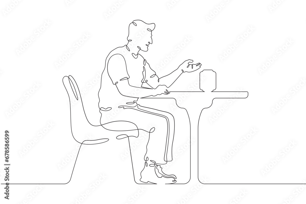 A man is sitting at a table. A man talks to a smart speaker. Home automation. The user listens to a smart speaker. One continuous line drawing. Linear. Hand drawn, white background. One line.