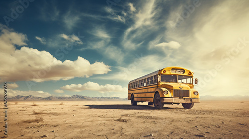 School bus against the sky and desert