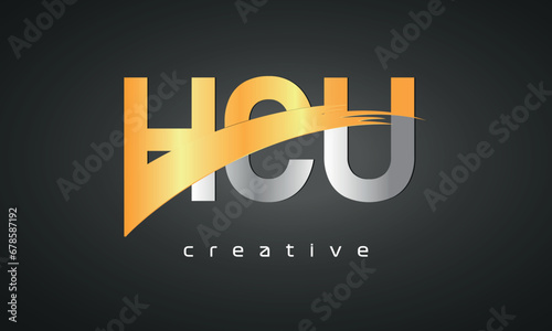 HCU Letters Logo Design with Creative Intersected and Cutted golden color