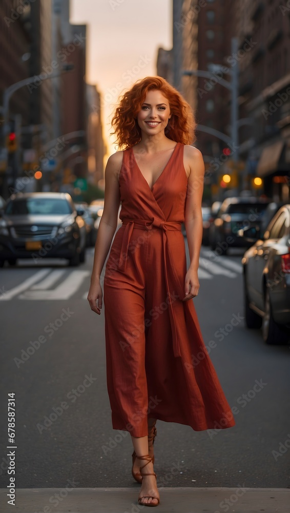 portrait of a smiling red-haired woman standing on the street portrait of a smiling red-haired woman standing on the street