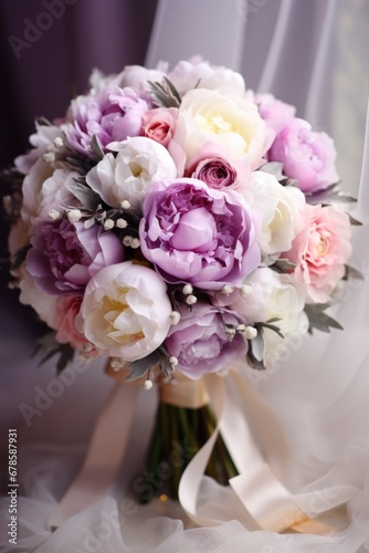 Enchanting Elegance: Pink, Lilac, and White Peonies Weave a Story in a Bridal Bouquet
