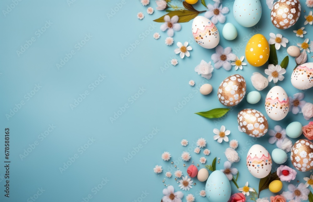 Colorful Easter eggs, bunnies and spring flowers border flat lay on blue pastel background. Happy Easter! Stylish easter layout, greeting card or banner template