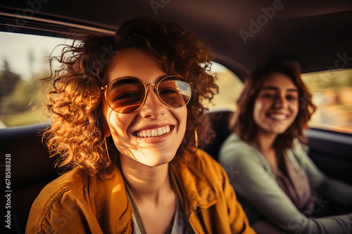 Joyful Moments on the Road Friends Capture a Memorable Selfie Inside the Car. created with Generative AI © photobuay