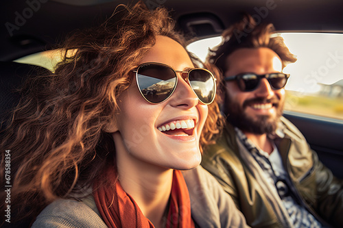 Sunlit Roadtrip Romance Happy Couple with Sunglasses Captures a Stylish Car Selfie on Their Journey Together. created with Generative AI © photobuay