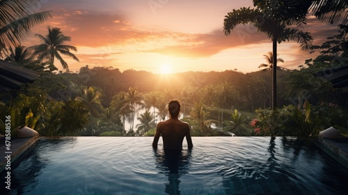 Traveler man on vacation in swimming pool at spa resort with tropical nature view at sunrise © theupperclouds