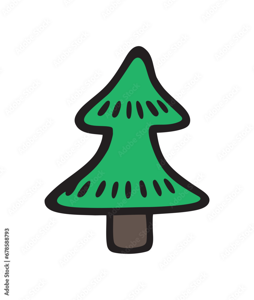 Fototapeta premium Vector illustration in doodle style. Christmas fir tree. New Year, Merry Christmas. Inscription for postcard, invitation, poster, banner.
