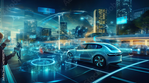 AI-driven electric autonomous vehicles navigating a smart city