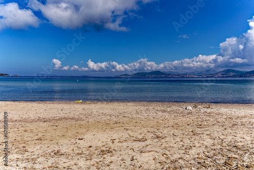 Scenic landscape with Mediterranean Sea and sandy beach of peninsula of Giens on a sunny spring day. Photo taken June 10th  2023  Giens  France.