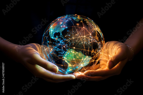 Connected World: Hands Holding Miniature Globe with Digital Network Lines Connecting Continents photo
