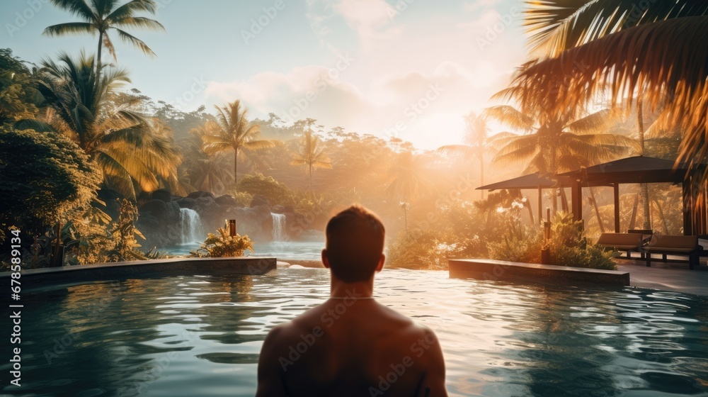 Traveler man on vacation in swimming pool at spa resort with tropical nature view at sunrise - obrazy, fototapety, plakaty 