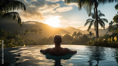 Traveler man on vacation in swimming pool at spa resort with tropical nature view at sunrise photo