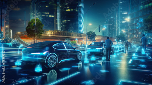 AI-driven electric autonomous vehicles navigating a smart city photo