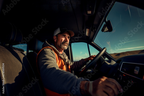 Thoughtful man in warm clothes driving truck in countryside photo
