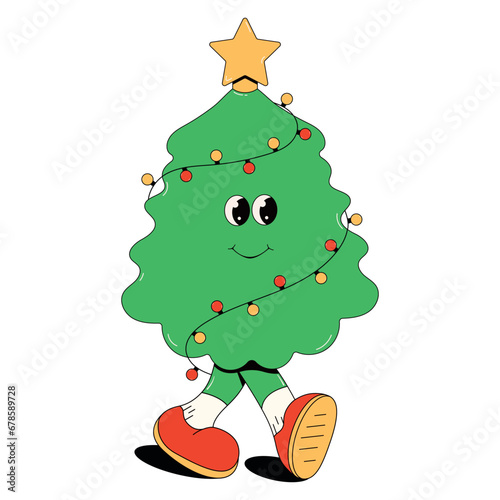 Christmas Tree in trendy groovy retro cartoon style. Comic characters in trendy 70s cartoon style.Happy New year and Merry Christmas characters.70s Vibes groovy character.Funny retro christmas