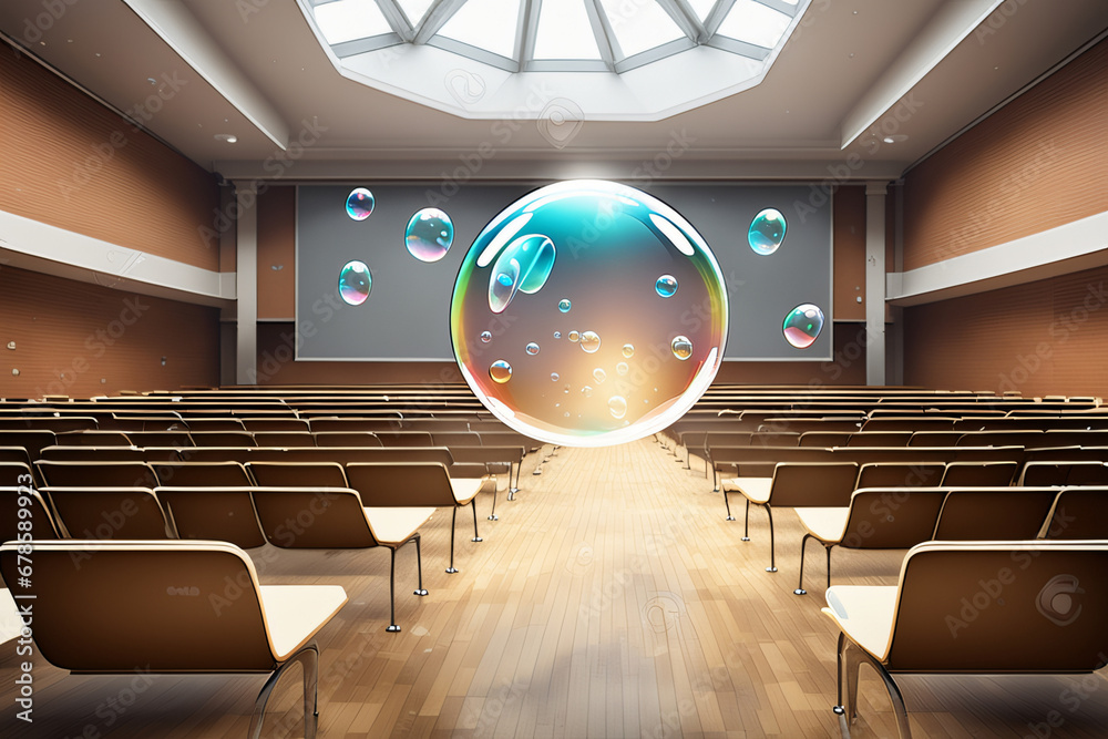Universität  Hörsaal mit schwebenden transparenten Blasen - obrazy, fototapety, plakaty 