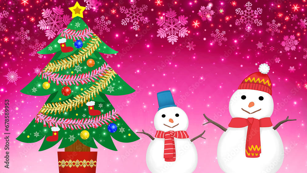 おしゃれなクリスマス背景素材 クリスマスツリーと雪だるま 16:9 キラキラ雪の結晶 飾り おしゃれなクリスマス背景素材 クリスマスツリーと雪だるま 16:9 キラキラ雪の結晶 飾り
