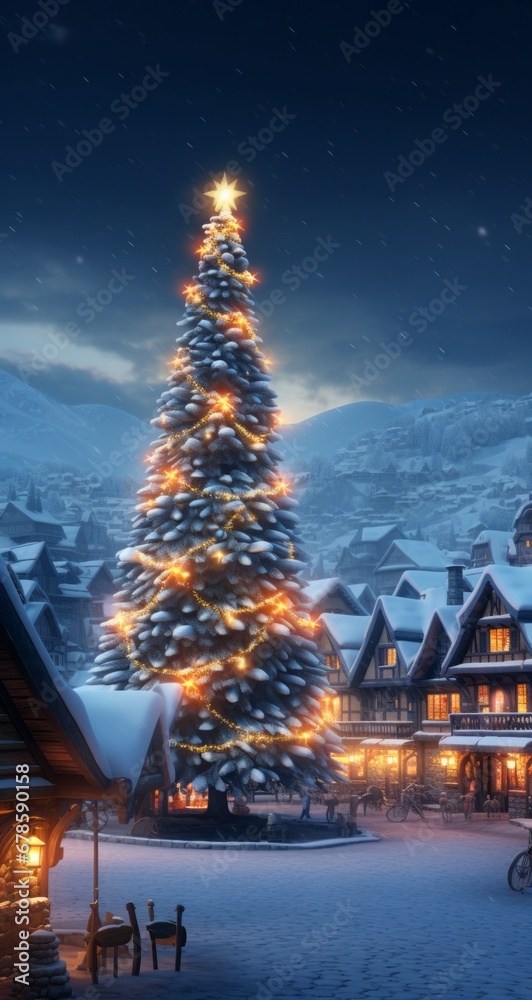 A Serene Winter Wonderland: A Lit Christmas Tree in a Snowy Village A Serene Winter Wonderland: A Lit Christmas Tree in a Snowy Village