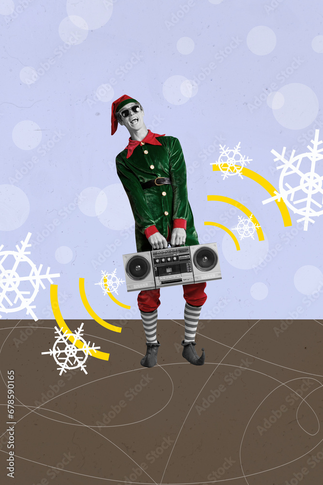 Naklejka premium Vertical creative composite collage photo of good mood elf in sunglass hold boombox on christmas party isolated drawing background