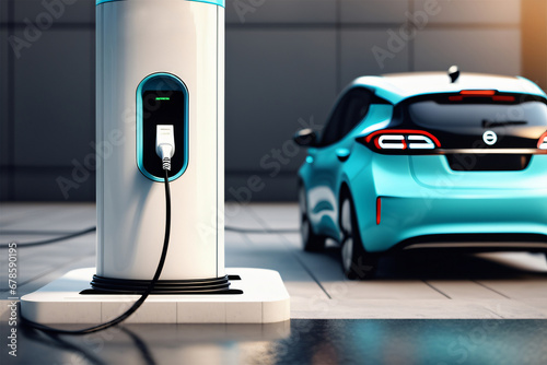 E-Auto mit Ladestation close up als  Hintergrund