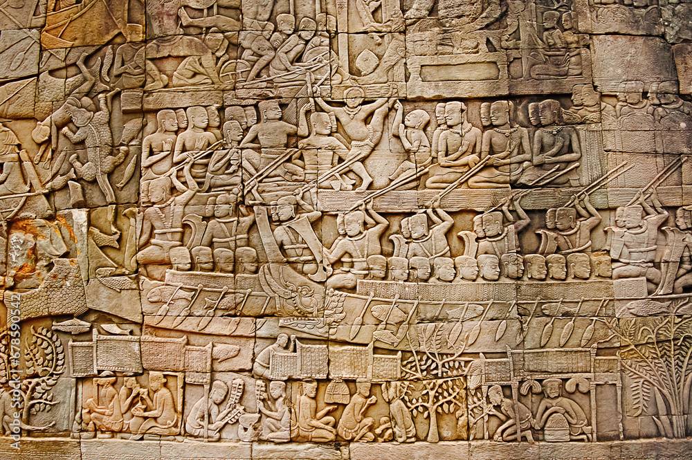 War scene carved on Bayon temple outer gallery. In the center of Angkor Thom , Siem Reap, Cambodia. UNESCO World Heritage Site. Capital city of the Khmer empire built at the end of the 12th century