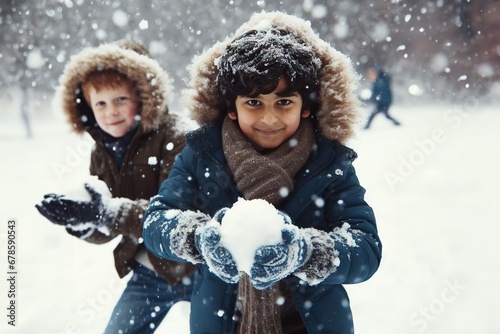 Winter wonderland children meet the cold with fun outdoor games, having fun playing snowballs