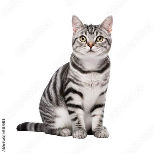 American Shorthair Cat in Elegant Grey Stripes, Isolated