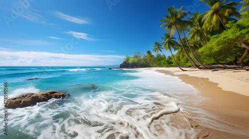 A photograph of a lush tropical beach with vibrant greens, blues, and turquoises, evoking a sense of paradise and relaxation.