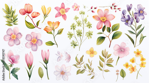 Set of watercolor spring flowers elements