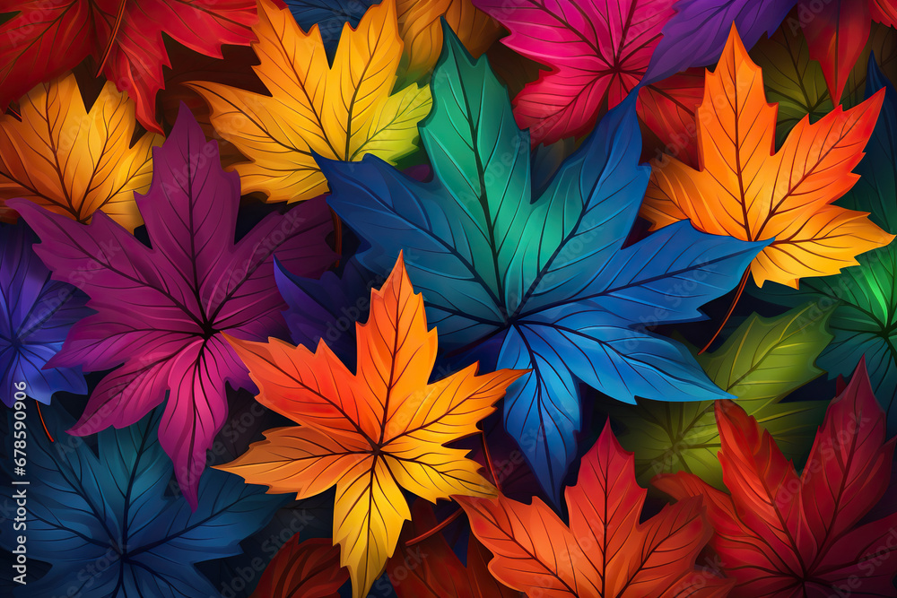 Pattern, background from maple leaves of different colors. Textured leaves. Generated by artificial intelligence