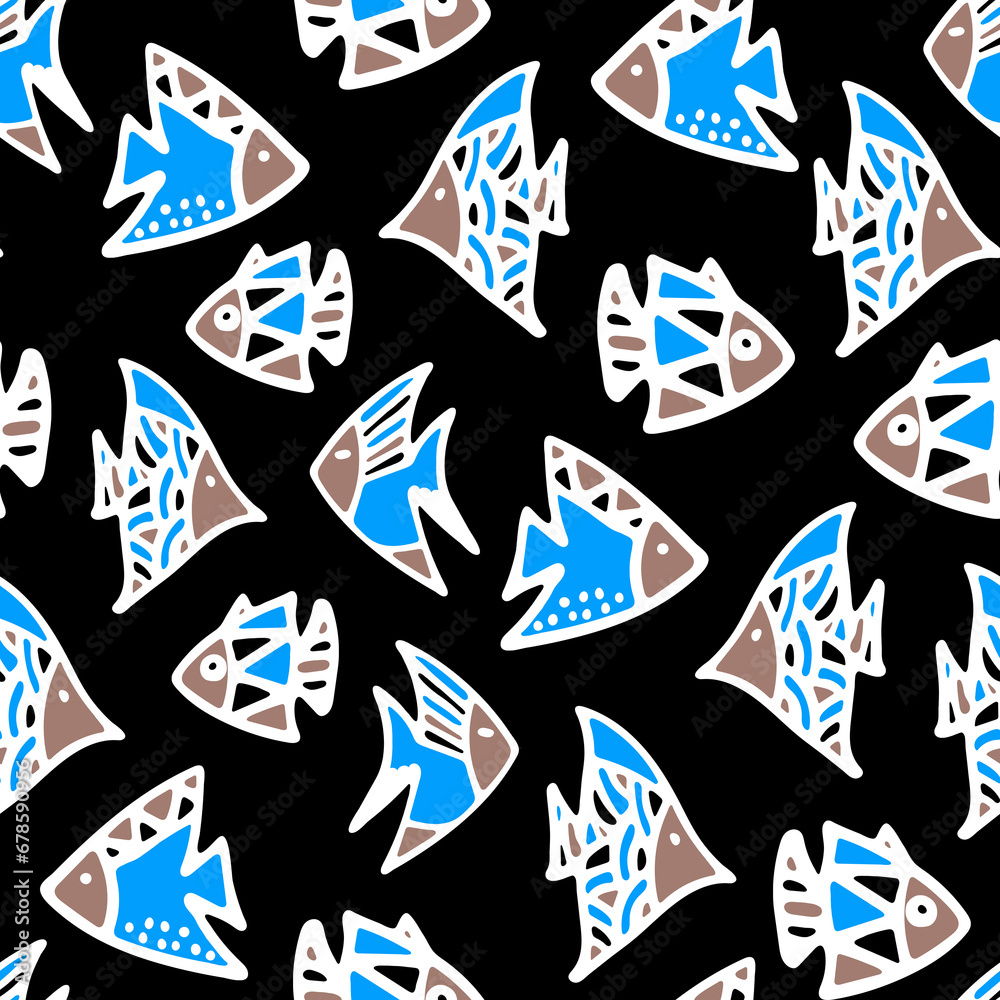 Hand Drawn Fishes Seamless Pattern. Underwater World Background.