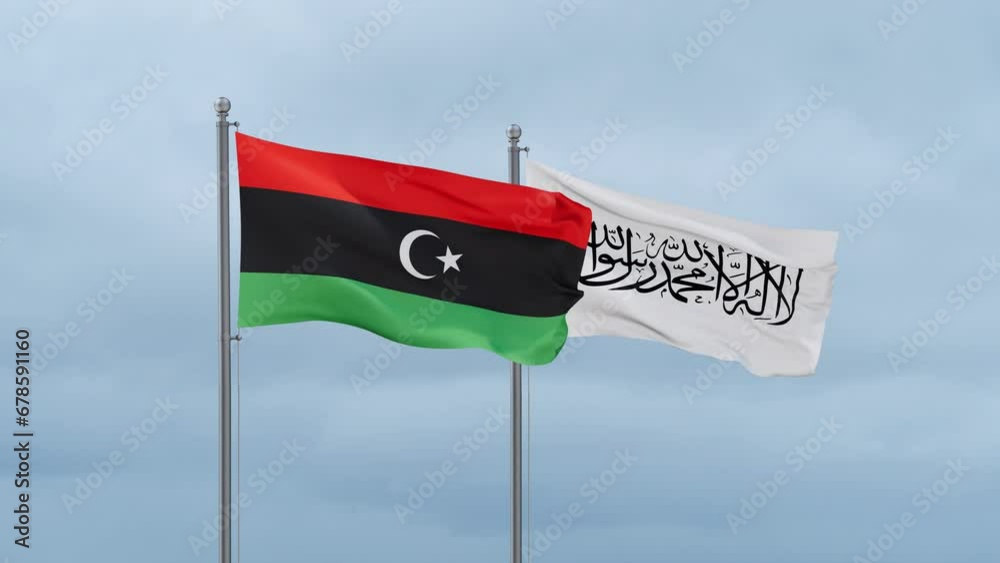 Libya flag and Afghanistan flag waving together on cloudy sky, endless seamless loop Libya flag and Afghanistan flag waving together on cloudy sky, endless seamless loop