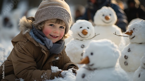 Young boy smiles as he plays with snowmen