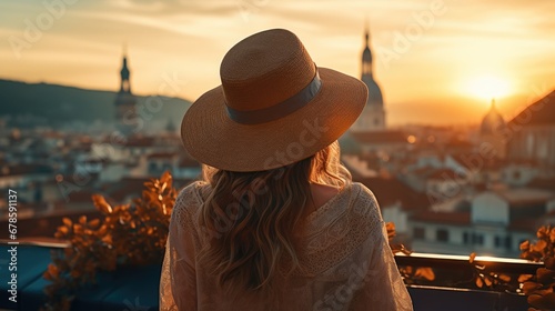 Rear view of a female tourist in a hat looking at the old city from a balcony at sunset © theupperclouds
