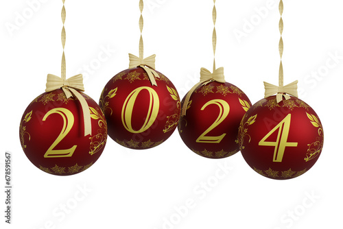 PNG. Trasparente. Illustrazione 3D. Anno nuovo 2024. Capodanno 2024 in numeri e con decorazione natalizia. Palle dell'albero di Natale su sfondo trasparente.. photo