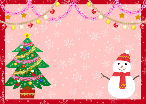 クリスマス背景素材　クリスマスツリーと雪だるま　おしゃれな飾り枠 © あんもち