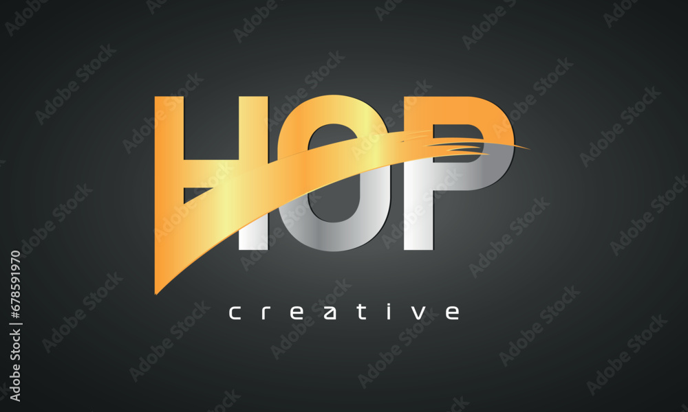 HOP Letters Logo Design with Creative Intersected and Cutted golden color