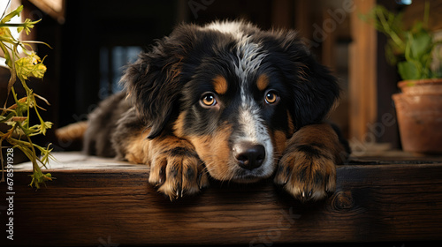 Amber and Azure: Captivating Bernese Mountain Dog on a Wooden Table - Generative AI