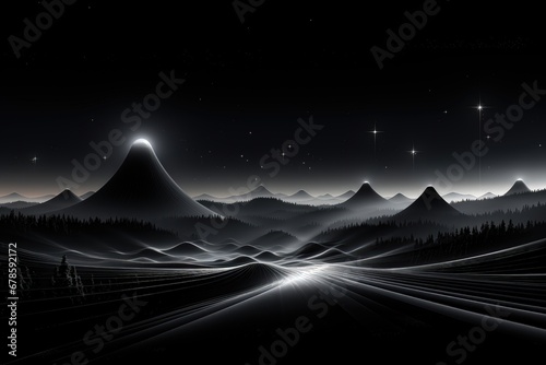 An abstract wallpaper featuring an illuminated traffic flow converging towards distant mountains against a black background creates a dynamic composition. Illustration