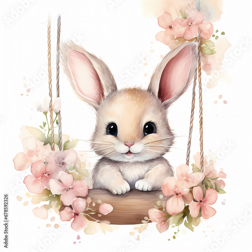 Fluffy bunny among flowers. Its a girl.
Watercolor Illustration of cute rabbit for Baby Shower invitation, kids new born celebration, greeting cards, fabric, wall art decoration