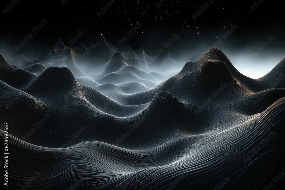 An abstract sci-fi wallpaper against a black background, creating a mysterious composition that transports viewers to a realm of cosmic landscapes and imaginative wonders. Illustration