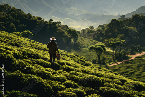 Colombian coffee farmer works in tranquil plantation with green fields photo