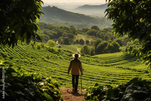 Colombian farmer walks amid coffee trees and tranquil plantation photo