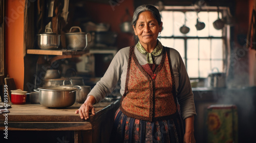 Peruvian old woman wearing traditional outfit standing in the kitchen photo