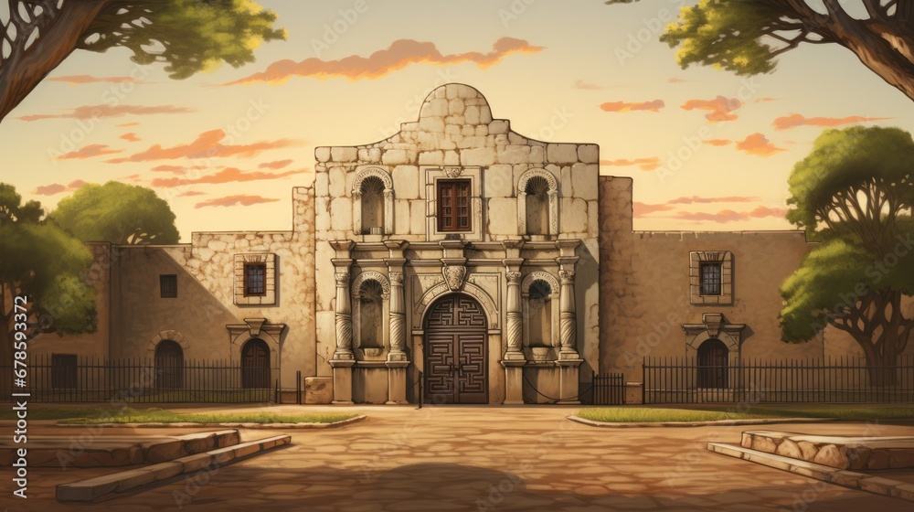 Illustration Highlighting Iconic Texas Fortress at Dusk - obrazy, fototapety, plakaty 
