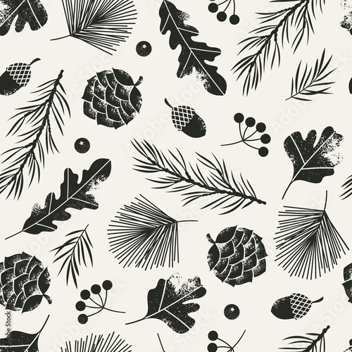 Pine cones and tree elements seamless pattern. Christmas gift wrapping. Vector illustration