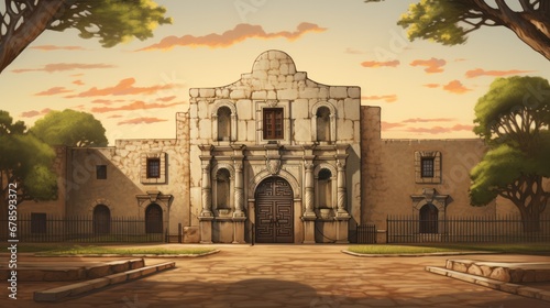 Illustration Highlighting Iconic Texas Fortress at Dusk photo